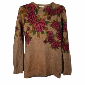 Pins and Needles Rose Print Crew Neck Sweater Urban Outfitters Tan Ribbed Cuff